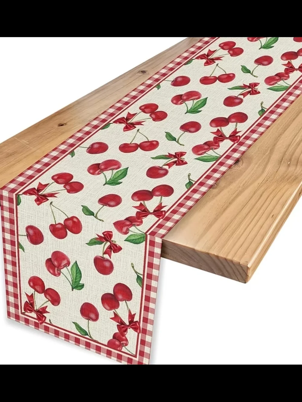 Cherry Print Table Runner with Gingham Border - Red & Green